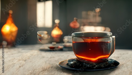 3D Illustration of Black tea inside the glass on the wooden table