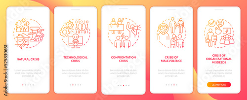 Types of crisis red gradient onboarding mobile app screen. Business risks walkthrough 5 steps graphic instructions with linear concepts. UI, UX, GUI template. Myriad Pro-Bold, Regular fonts used