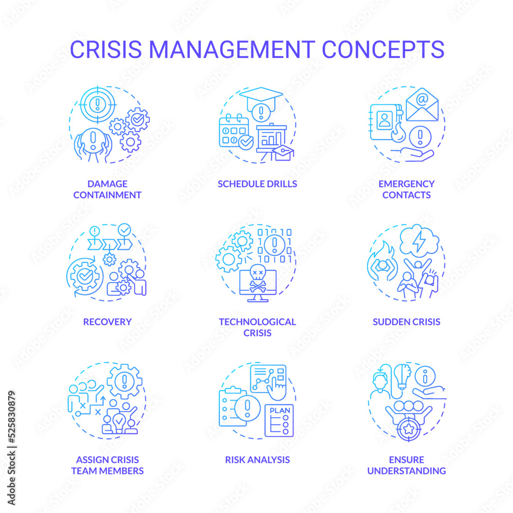 Crisis management blue gradient concept icons set. Preventive measures. Risk control idea thin line color illustrations. Isolated symbols. Roboto-Medium, Myriad Pro-Bold fonts used