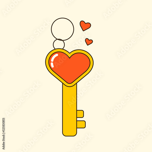 Colorful vector y2k heart key pendant. 90s 00s cute accessory for girls. Vintage groovy necklace. Funky bijouterie illustration