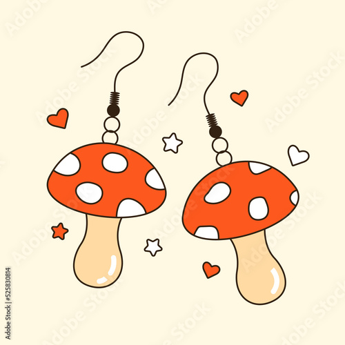 Colorful vector y2k mushroom earrings. 90s 00s cute amanita accessory for girl. Vintage groovy jewellery for ears. Funky bijouterie illustration