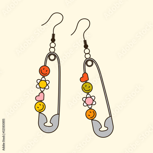Colorful vector y2k safety pin earrings. 90s 00s cute metal accessory for girls. Vintage groovy jewellery for ears. Funky bijouterie illustration
