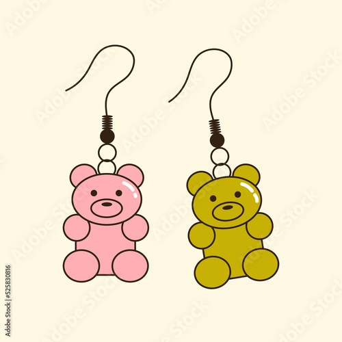 Colorful vector y2k bear earrings. 90s 00s cute plastic accessory for girls. Vintage groovy jewellery for ears. Funky bijouterie illustration