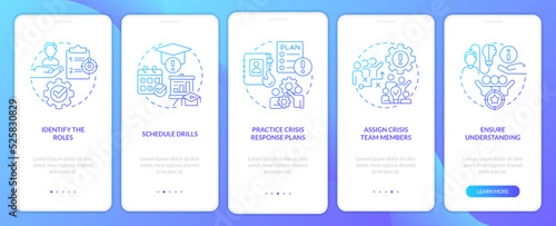 Crisis management team blue gradient onboarding mobile app screen. Walkthrough 5 steps graphic instructions with linear concepts. UI, UX, GUI template. Myriad Pro-Bold, Regular fonts used