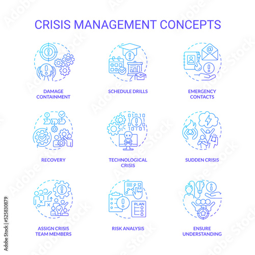 Crisis management blue gradient concept icons set. Preventive measures. Risk control idea thin line color illustrations. Isolated symbols. Roboto-Medium, Myriad Pro-Bold fonts used