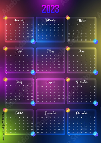 2023 Calendar Template. Calendar for 2023 year. Glass effect calendar for 2023 (ID: 525831241)