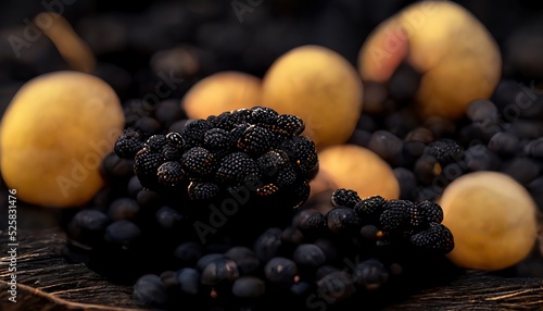 3D Illustration of a Blackcurrant on the basket with black colors