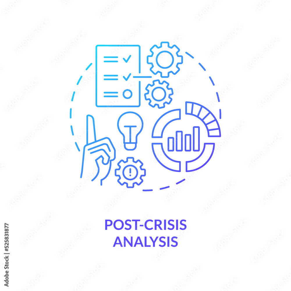 Post crisis analysis blue gradient concept icon. Investigation. Crisis management plan component abstract idea thin line illustration. Isolated outline drawing. Myriad Pro-Bold font used Post crisis analysis blue gradient concept icon. Investigation. Crisis management plan component abstract idea thin line illustration. Isolated outline drawing. Myriad Pro-Bold font used
