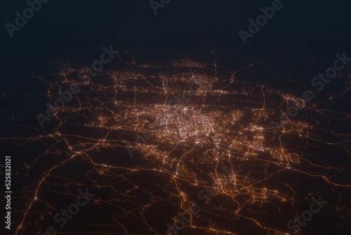 Aerial shot on Chongqing (China) at night, view from east. Imitation of satellite view on modern city with street lights and glow effect. 3d render