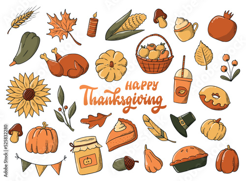 set of thanksgiving doodles and quote isolated on white background. Good for stickers, labels, prints, signs, planners and organizers. EPS 10