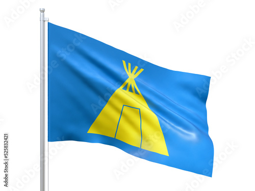 Kautokeino (municipality in Norway) flag waving on white background, close up, isolated. 3D render photo