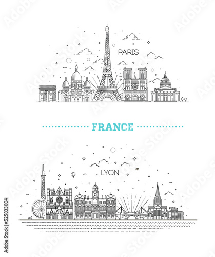 France skyline with panorama in white background. Paris and Lyon