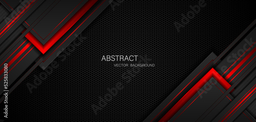 Abstract black and red polygon with red glow lines on dark steel mesh background with free space for design. modern technology innovation concept background
