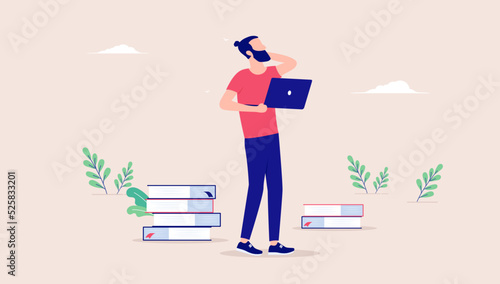 Man learning and thinking - Casual person standing with laptop in hand and books, wondering and questioning education. Flat design vector illustration photo