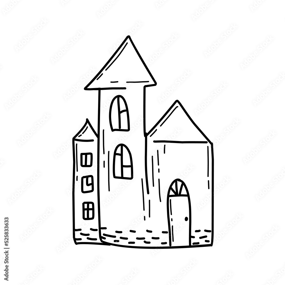 Decorative dracula castle in doodle style on background