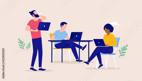 IT and developers working and thinking - Team of three businesspeople with computers concentrating and doing online work. Flat design vector illustration