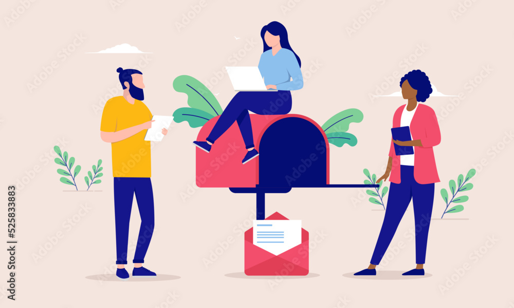 Fototapeta premium Business e-mail . Team of people working and writing email and digital communication for company. Flat design vector illustration