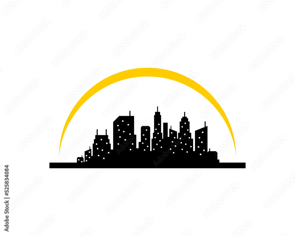 Modern city silhouette with sun swoosh on the top