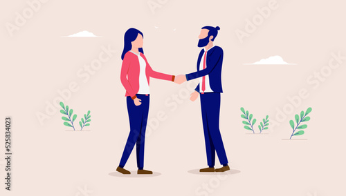 Man and woman handshake - Businessman and businesswoman shaking hands in business deal and agreement. Flat design vector illustration