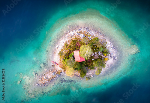 Aerial View of the Schonbichl Island at Eibsee Lake. Grainau, Werdenfelser Land, Upper Bavaria, Germany