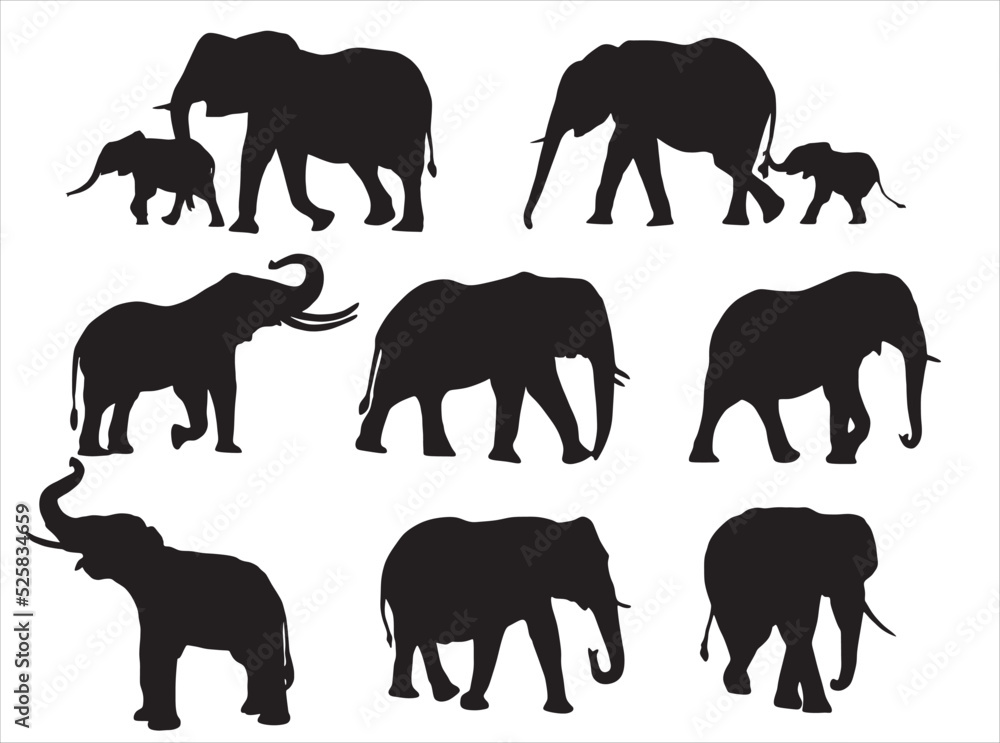 Naklejka premium Vector set of silhouettes of elephants with their children in various poses. Goes, sits, plays, eats