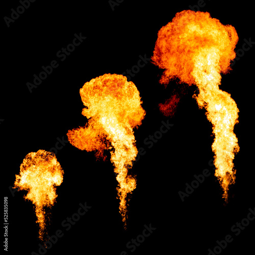 Sequence of fire explosion isolated on black, flame samples collection