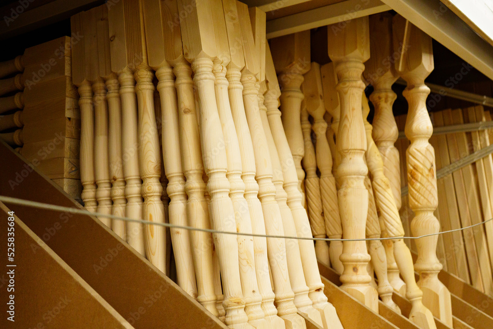 Wooden baluster on a shelf in a hardware store. 