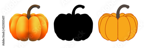 Pumpkin set. Orange pumpkin, black silhouette, 3D,  Flat, vector, autumn, Halloween.