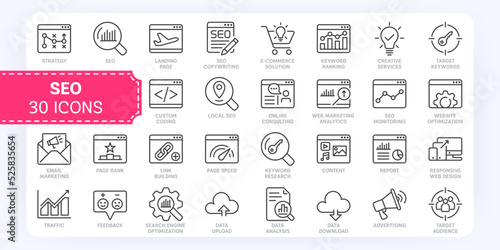 Search Engine Optimization SEO Thin Line Icons Set. Outline Icons Collection. Editable Stroke.