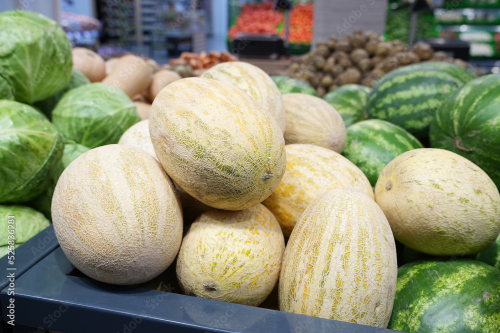 Fresh and sweet melons for sale in the supermarket