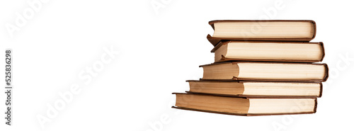 Banner with books stack in brown cover isolated on white background. Classic literature, novel volumes. Knowledge, wisdom, learning concept. Copy space
