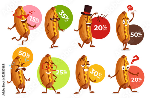 Hot dog character fast food mascot sale discount special offer set vector illustration