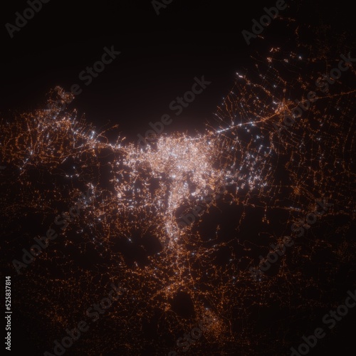 Semarang (Indonesia) street lights map. Satellite view on modern city at night. Imitation of aerial view on roads network. 3d render