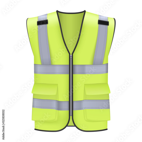 Reflective safety vest green protective jacket with bright stripes front view realistic vector
