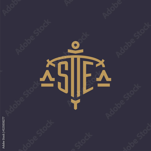 Monogram SE logo for legal firm with geometric scale and sword style