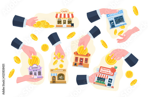 Small business financing support huge businessman hand putting coin money to shop market
