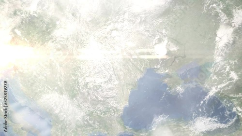 Earth zoom in from outer space to city. Zooming on Vaslui, Romania. The animation continues by zoom out through clouds and atmosphere into space. Images from NASA photo