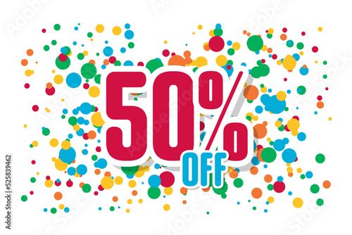 Red inscription discount 50 off on the background of confetti. Price labele sale promotion market. clearance template