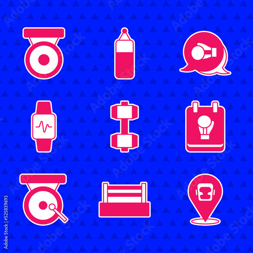 Set Dumbbell, Boxing ring, helmet, glove, gong, Smart watch with heart, and icon. Vector