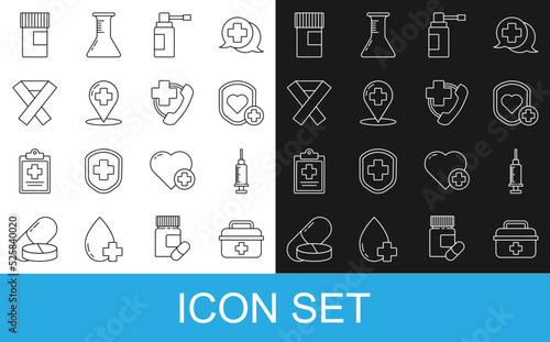 Set line First aid kit, Syringe, Shield and heart rate, Medical bottle with nozzle spray, Map pointer cross hospital, Awareness ribbon, Medicine and Emergency phone call to icon. Vector