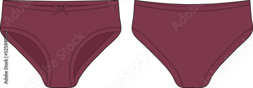 Technical sketch of briefs for girls. Female underpants. Dark red color. Women casual panties.