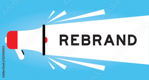 Color megaphone icon with word rebrand in white banner on blue background