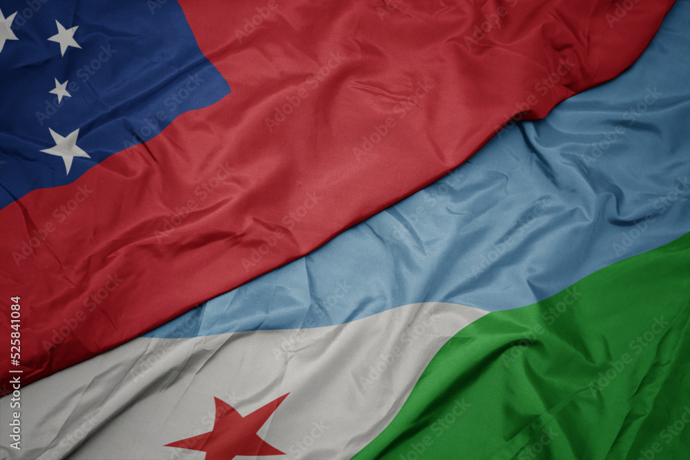 waving colorful flag of djibouti and national flag of Samoa .