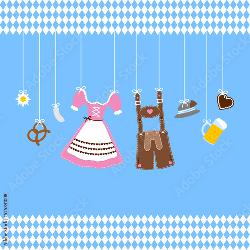 Gerade Hängende Oktoberfest Symbole Hut Rosa Braun Rautenmuster Bordüre Blauer Hintergrund