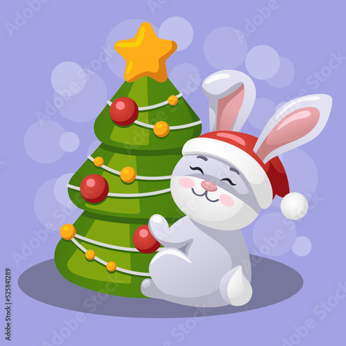 rabbit near the Christmas tree, symbol of the year (ID: 525841289)