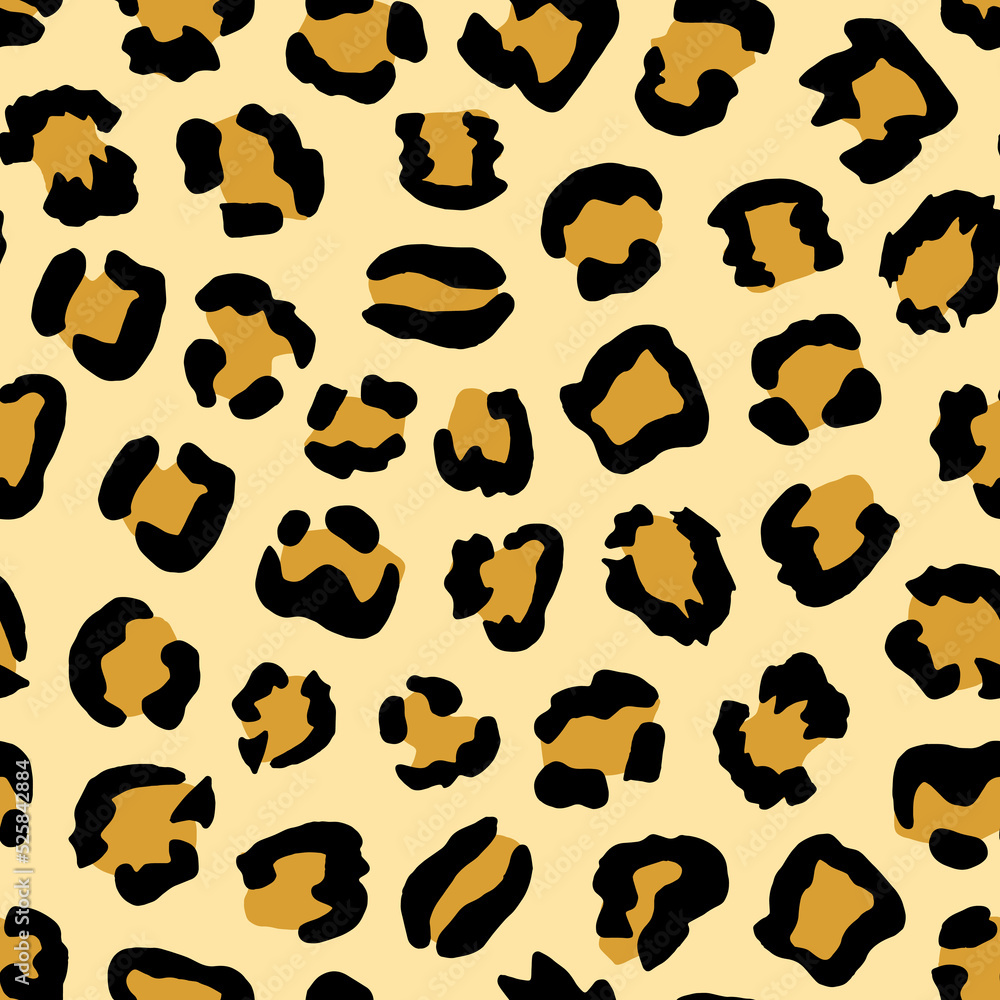 Leopard seamless pattern on yellow background. Abstract art print. Design for paper, covers, cards, fabrics, interior items and any. Vector illustration of skin animal.