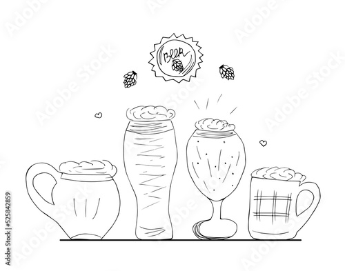 hand drawn mug or glass of beer in a doodle style isolated on a white background. Vector illustration for Oktoberfest or beer menu design