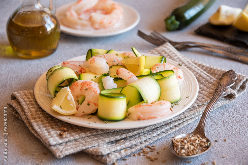 Fresh zucchini with shrimps, healthy and delicious food