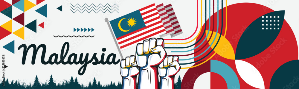 Fototapeta premium Malaysia National day or Hari Merdeka banner with retro abstract geometric shapes. Malaysian flag. Red blue scheme with raised hands or fists. Kuala Lumpur. Vector Illustration. 