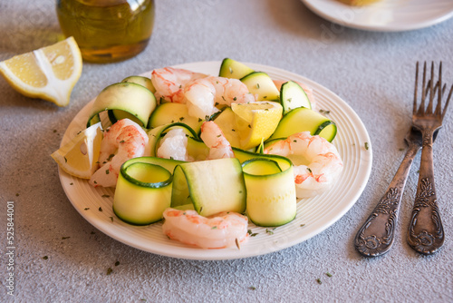 Fresh zucchini with shrimps, healthy and delicious food photo